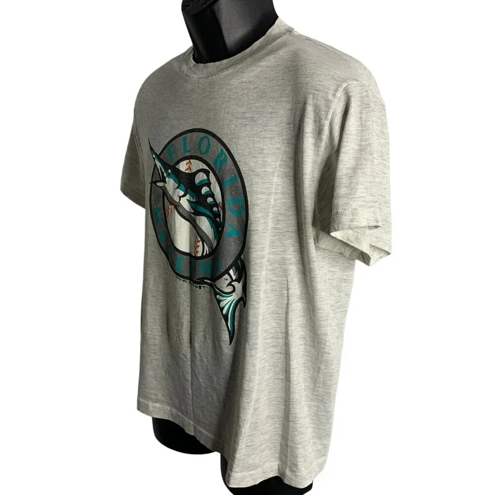 Vintage 90s Florida Marlins Crewneck T Shirt M Grey Single Stitch Short Sleeves